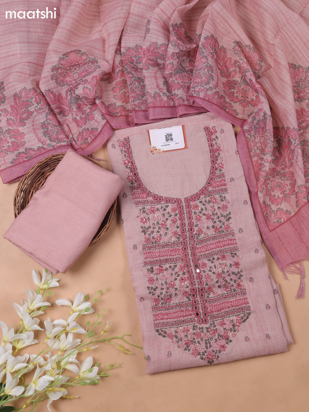 Lotus Pink Linen Cotton Dress Material With Embroidery Work Neck Pattern