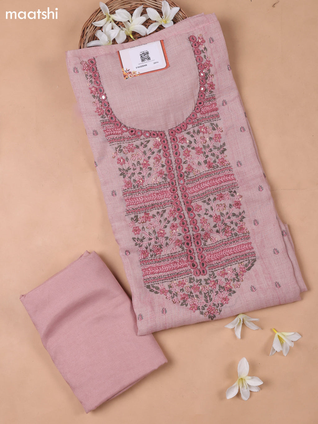 Lotus Pink Linen Cotton Dress Material With Embroidery Work Neck Pattern