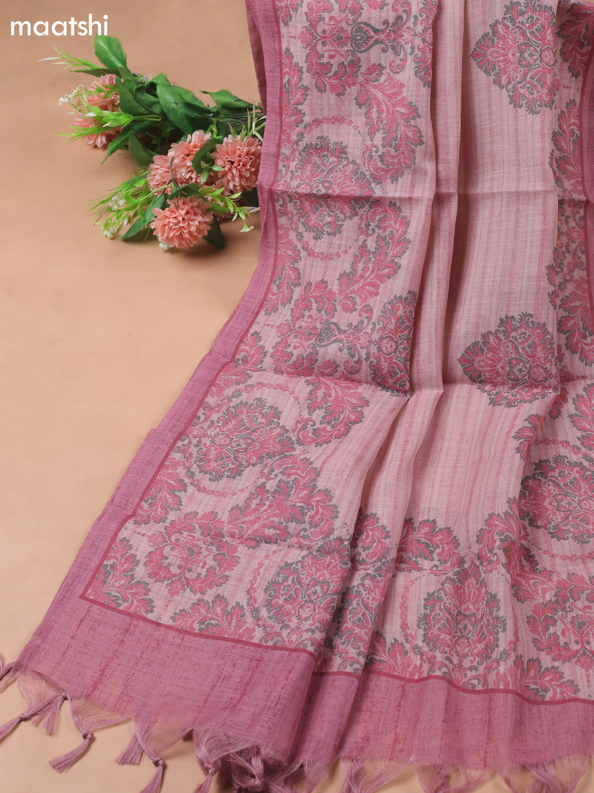 Lotus Pink Linen Cotton Dress Material With Embroidery Work Neck Pattern