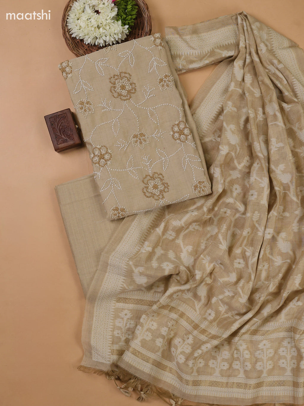 Beige Munga Cotton Dress Material With All Over French Knot Work Pattern