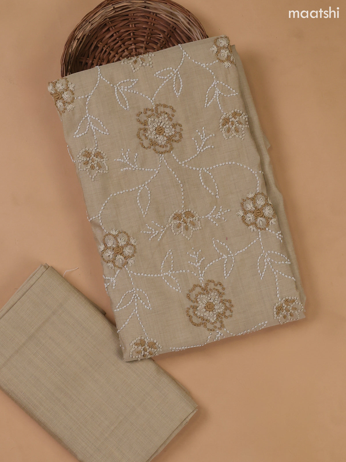 Beige Munga Cotton Dress Material With All Over French Knot Work Pattern