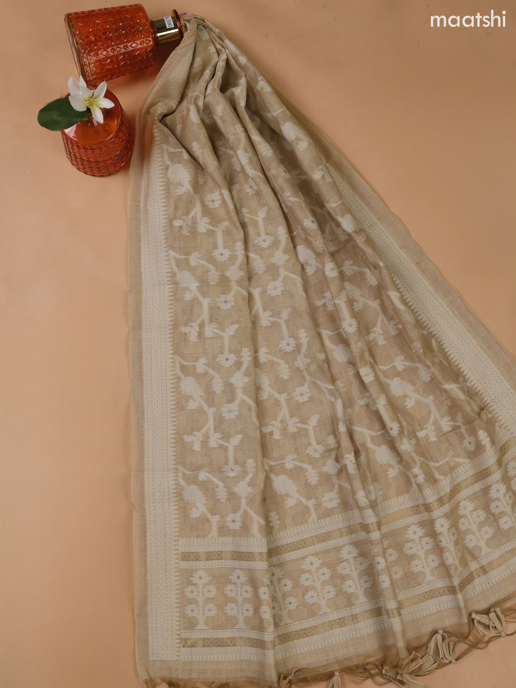 Beige Munga Cotton Dress Material With All Over French Knot Work Pattern