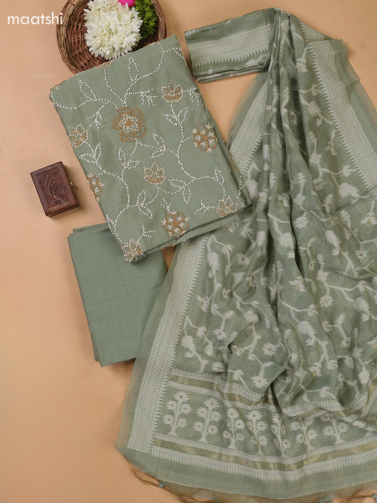 Pastel Green Munga Cotton Dress Material With All Over French Knot Work Pattern