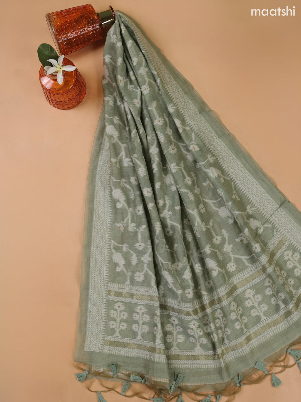 Pastel Green Munga Cotton Dress Material With All Over French Knot Work Pattern