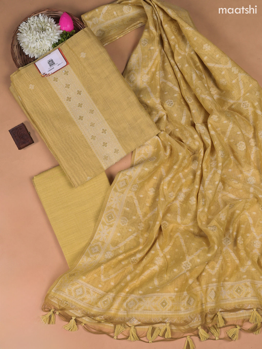Pale Yellow Munga Cotton Dress Material With Thread and Zari Weaves