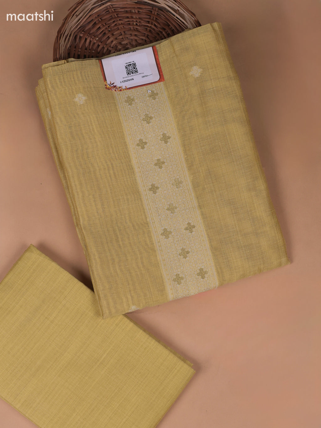 Pale Yellow Munga Cotton Dress Material With Thread and Zari Weaves