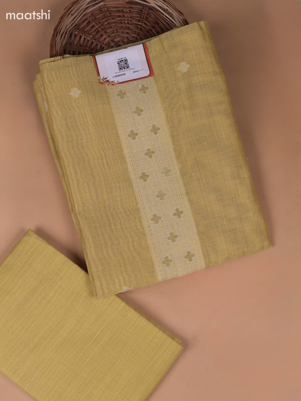 Pale Yellow Munga Cotton Dress Material With Thread and Zari Weaves