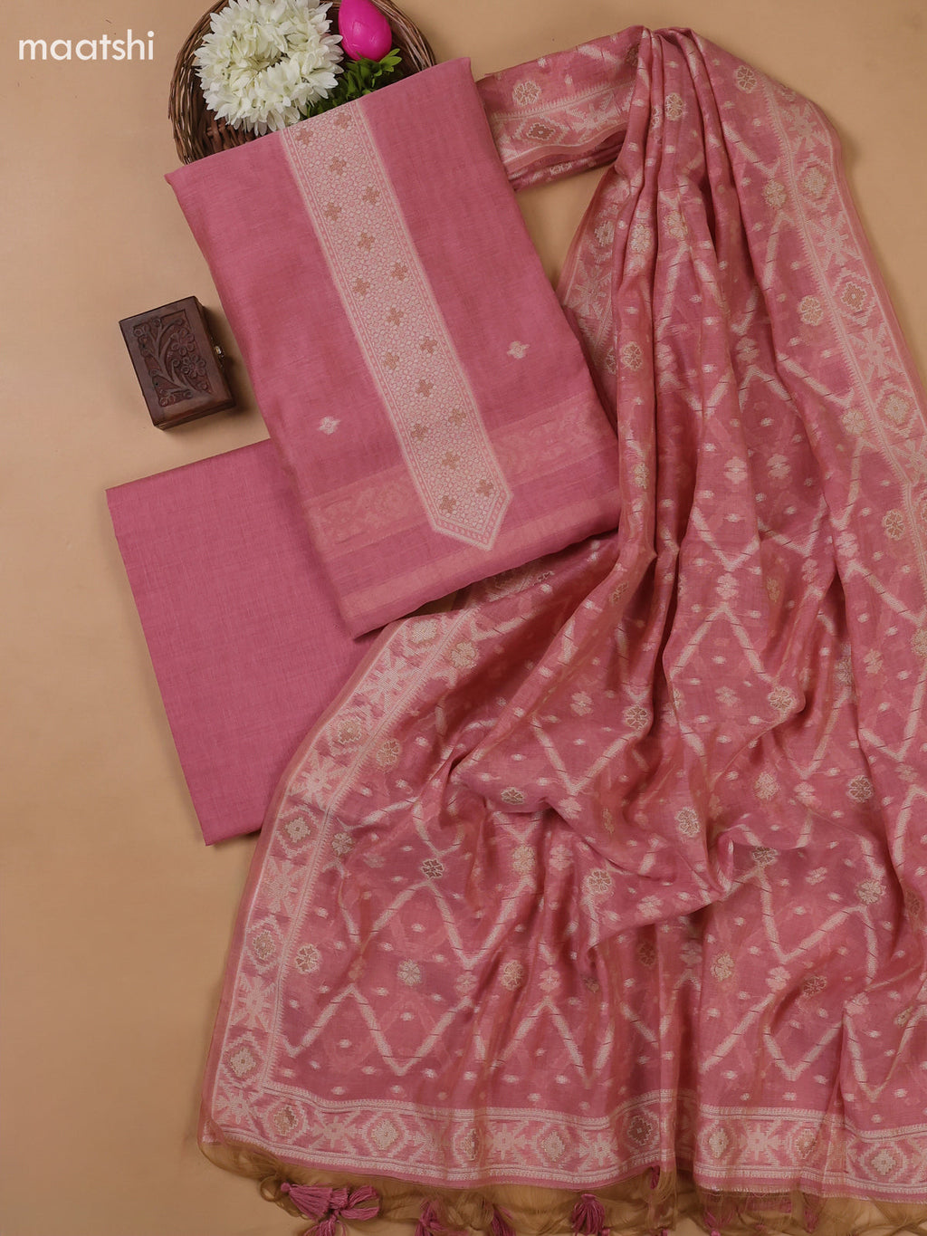 Lotus Pink Munga Cotton Dress Material With Thread and Zari Weaves