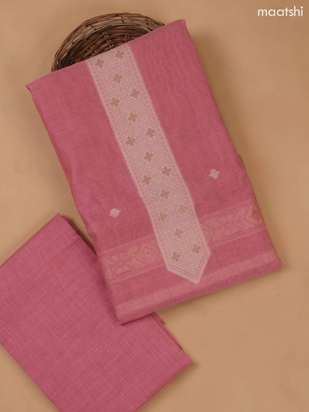 Lotus Pink Munga Cotton Dress Material With Thread and Zari Weaves