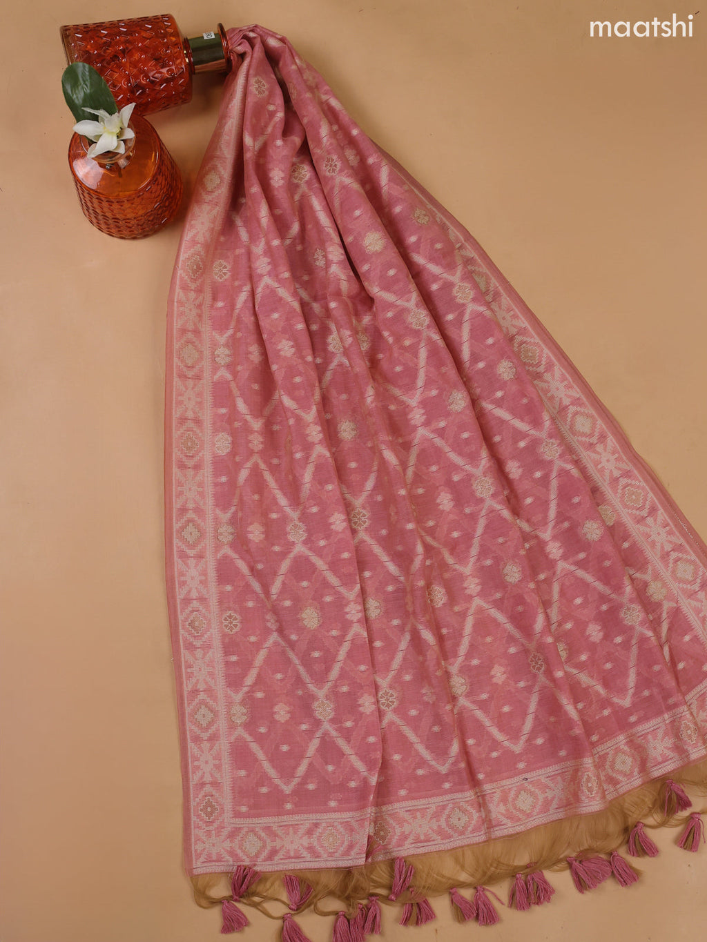 Lotus Pink Munga Cotton Dress Material With Thread and Zari Weaves