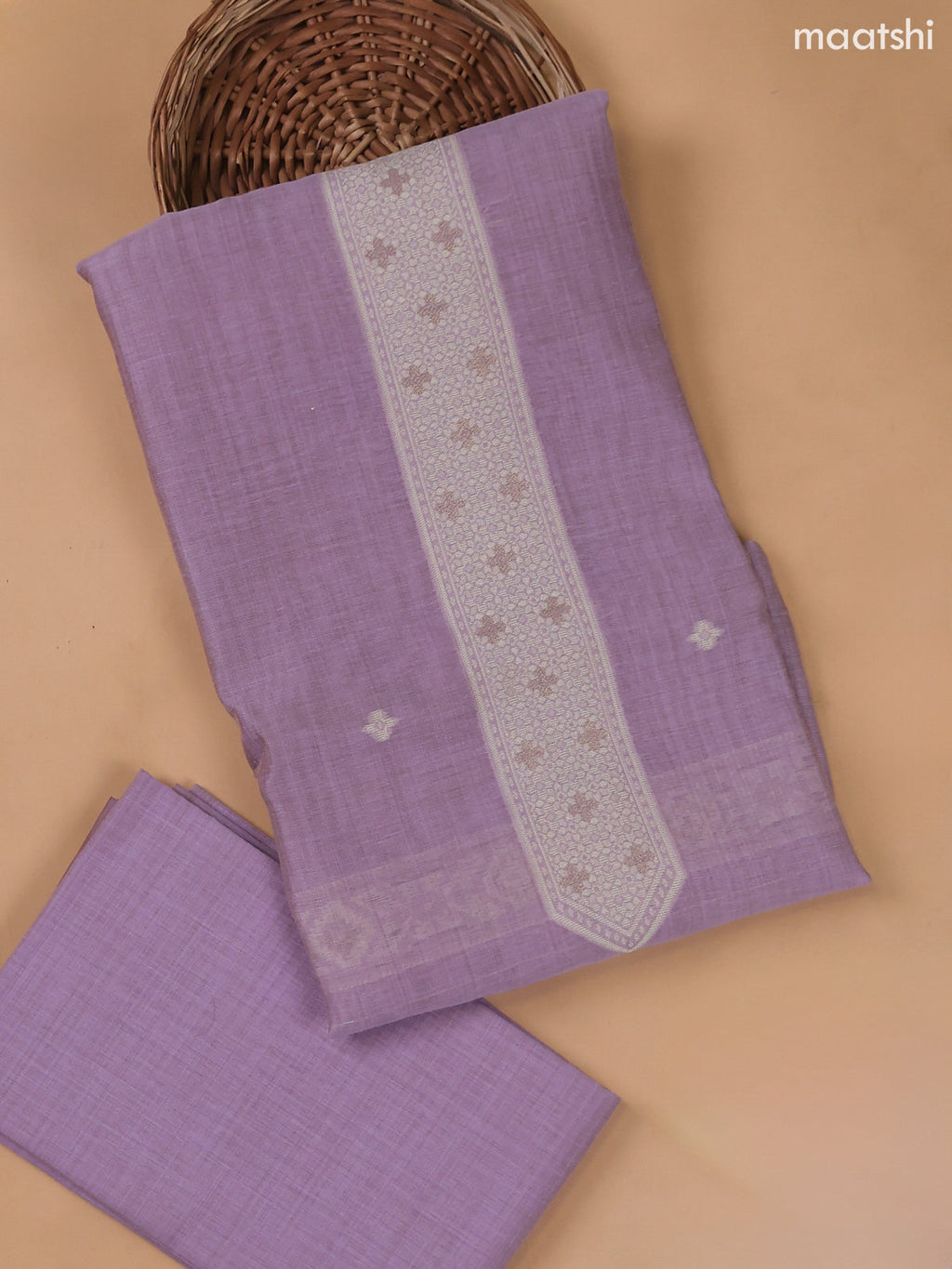 Lavender Munga Cotton Dress Material With Thread and Zari Weaves
