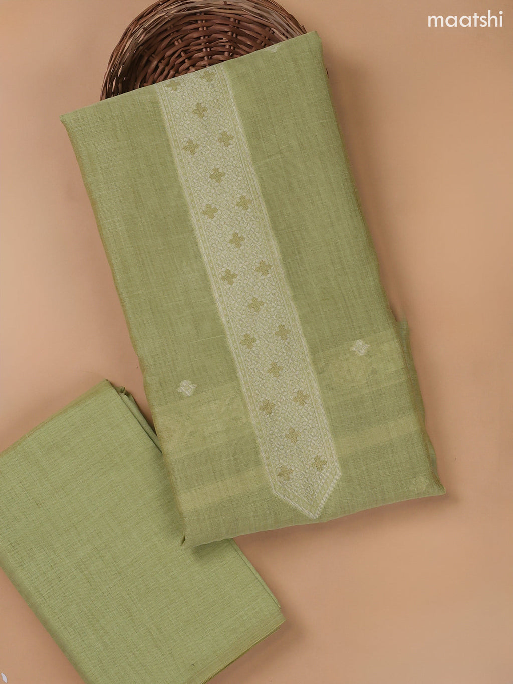 Pastel Green Munga Cotton Dress Material With Thread and Zari Weaves