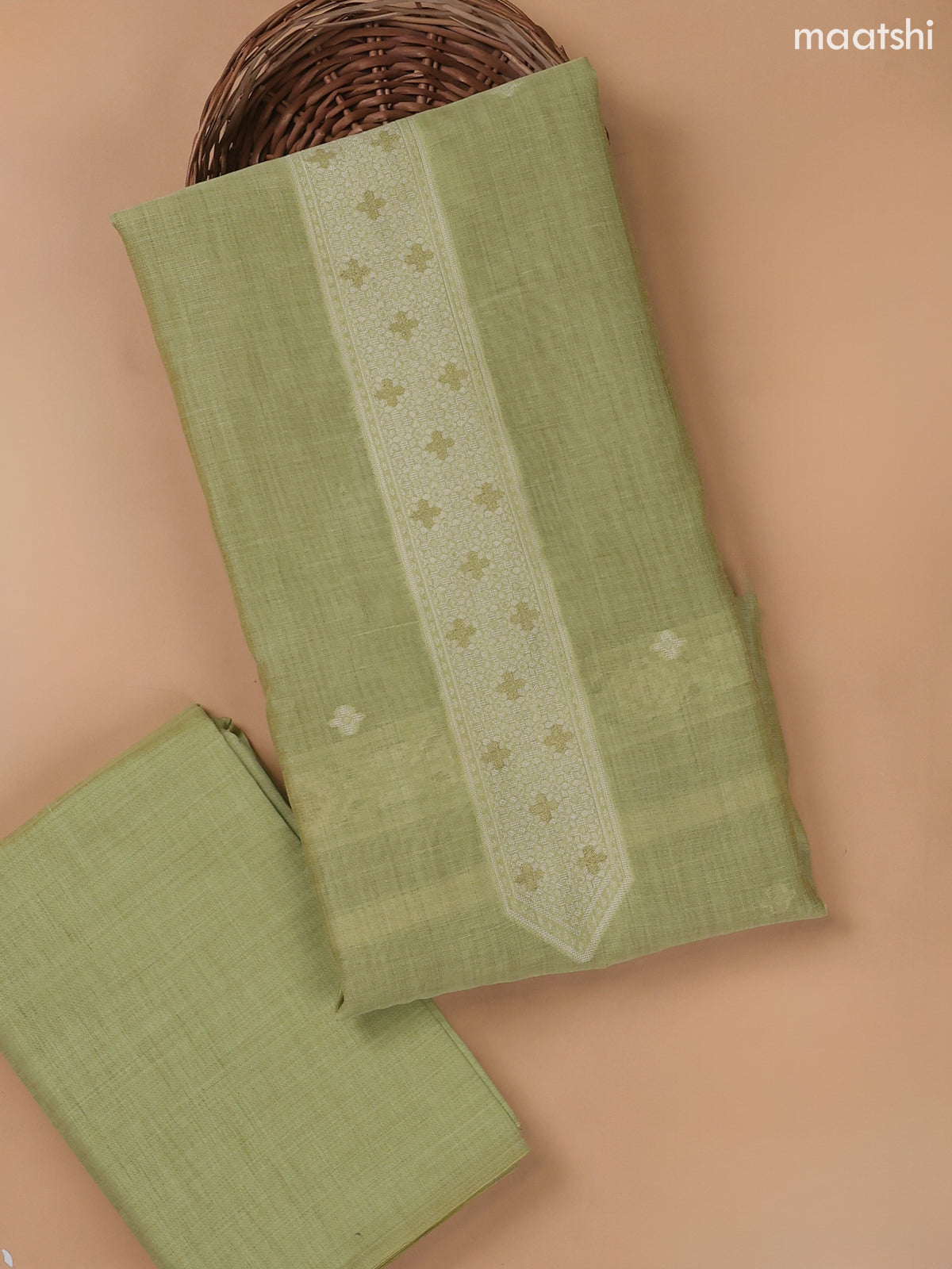 Pastel Green Munga Cotton Dress Material With Thread and Zari Weaves