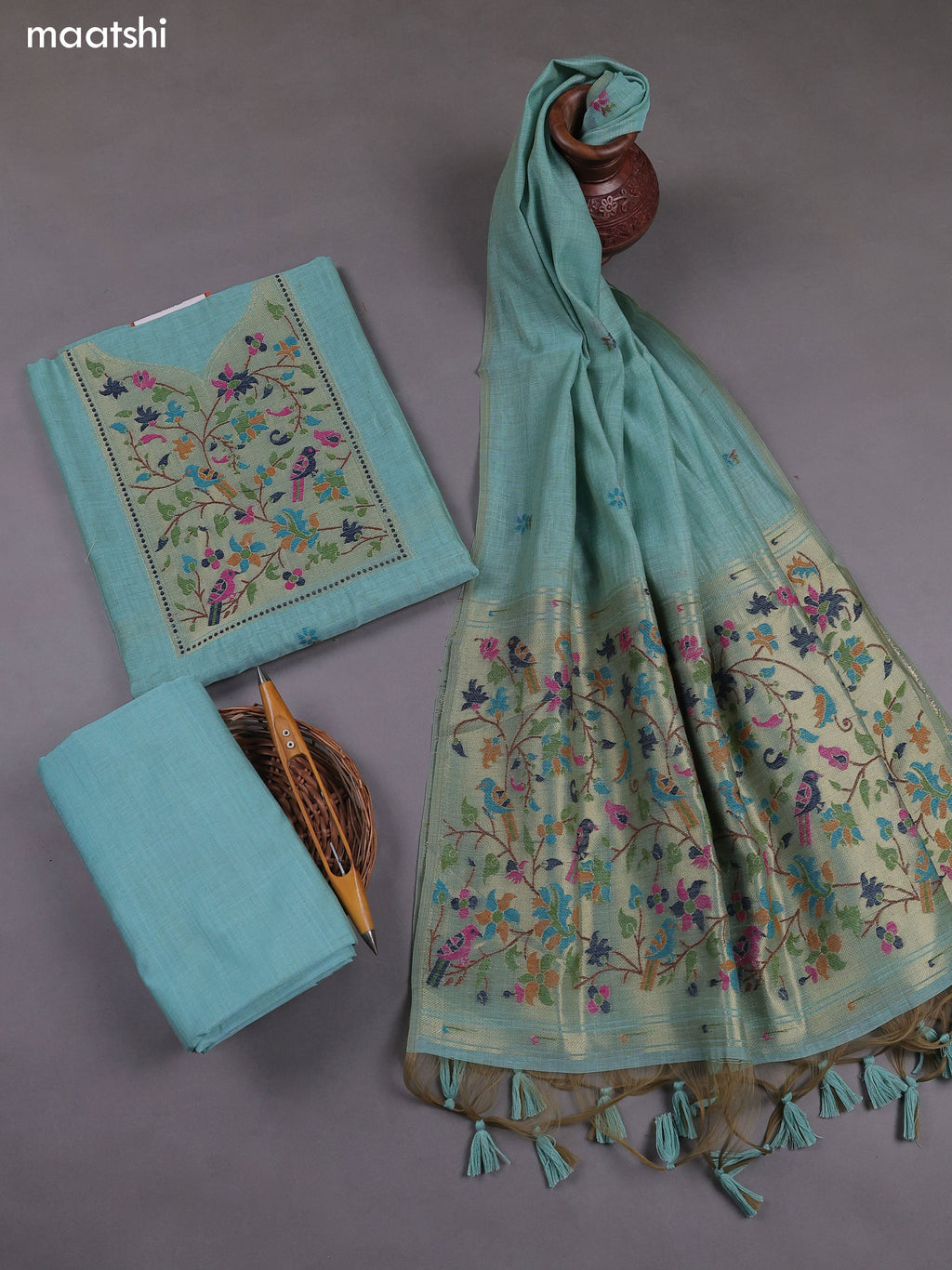Teal Blue Munga Cotton Dress Material With Paithani Style Pattern