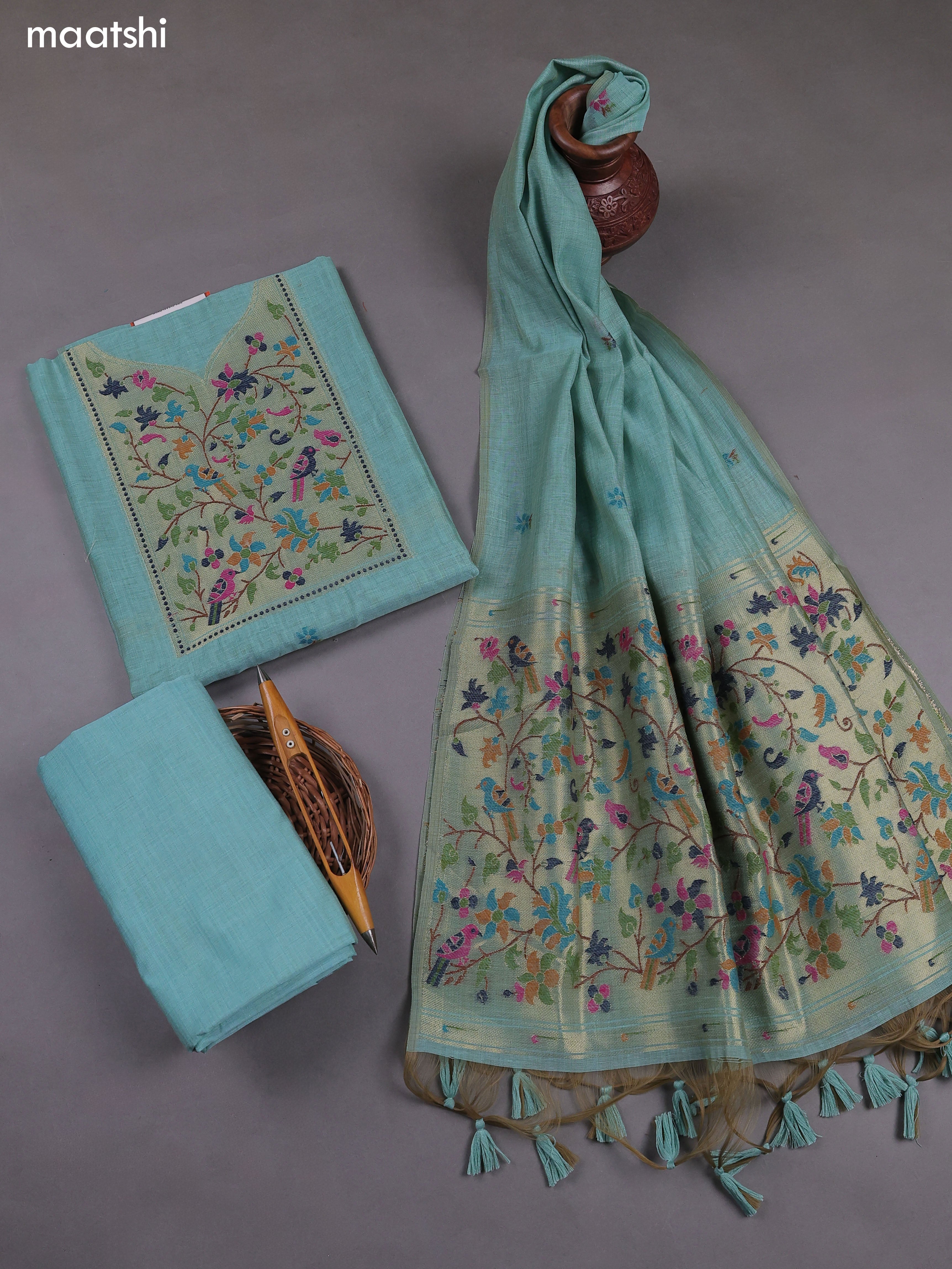 Teal Blue Munga Cotton Dress Material With Paithani Style Pattern