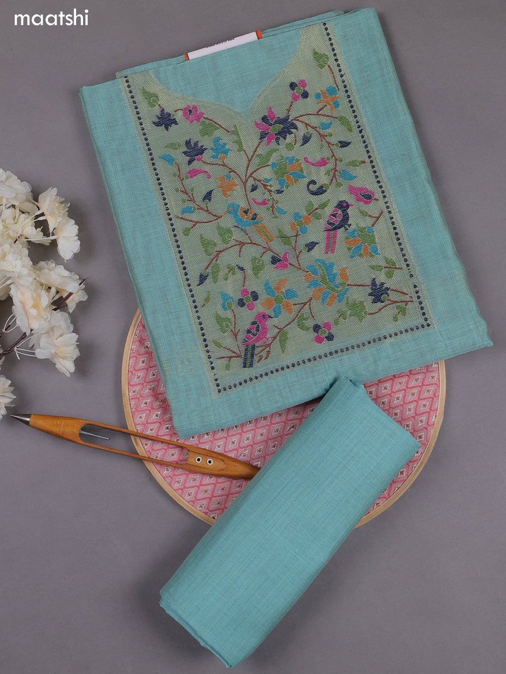 Teal Blue Munga Cotton Dress Material With Paithani Style Pattern