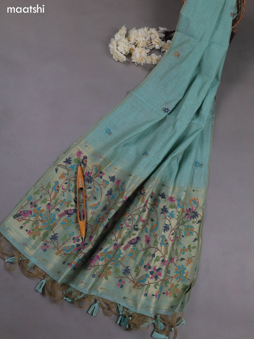 Teal Blue Munga Cotton Dress Material With Paithani Style Pattern
