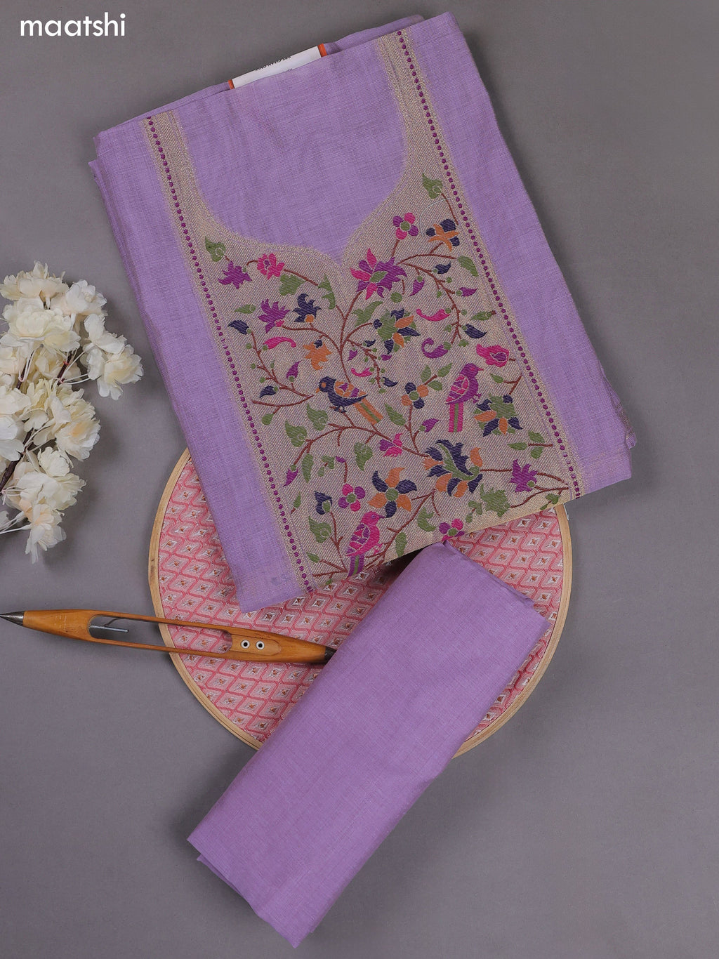 Lavender Munga Cotton Dress Material With Paithani Style Pattern