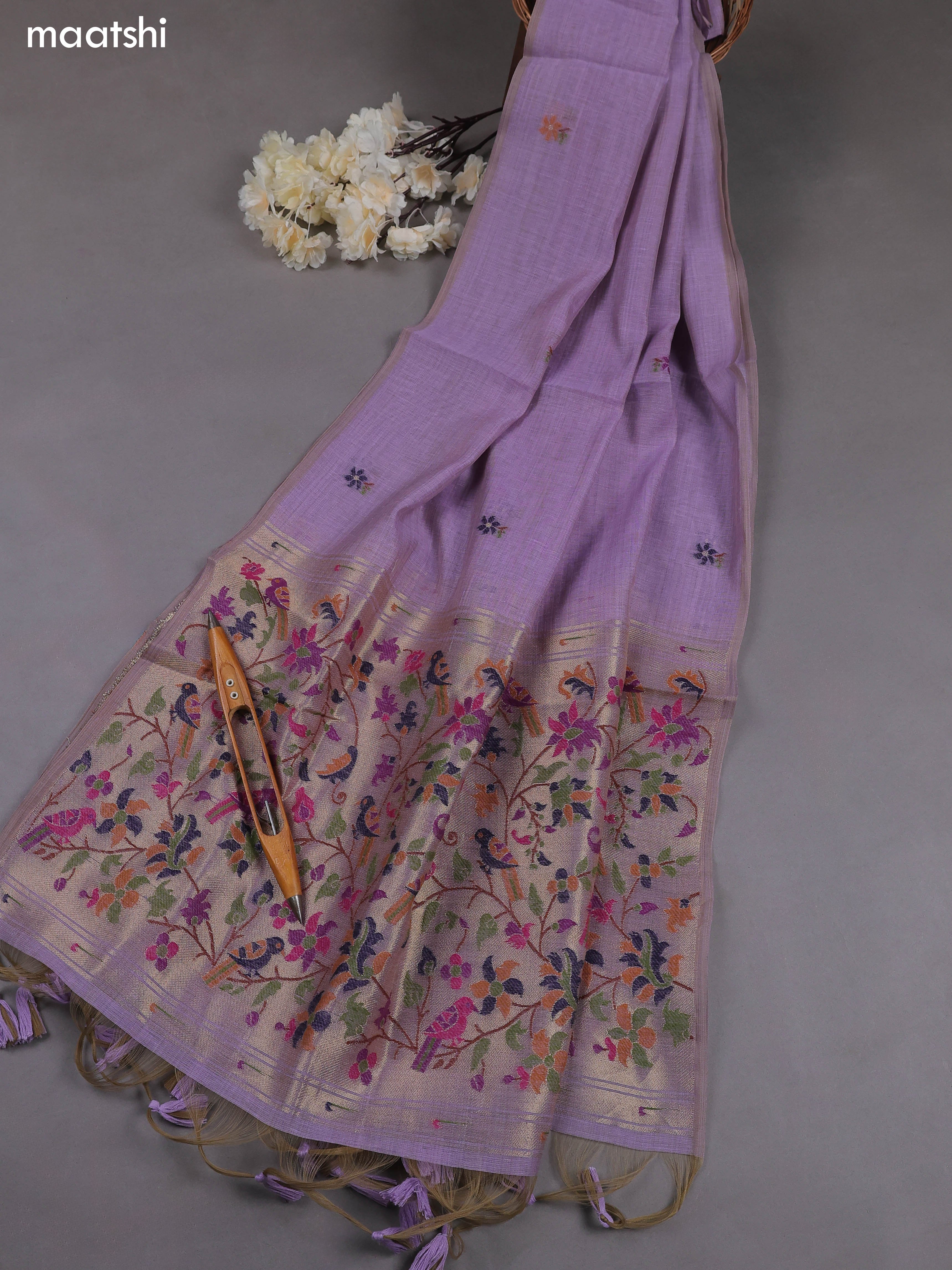 Lavender Munga Cotton Dress Material With Paithani Style Pattern