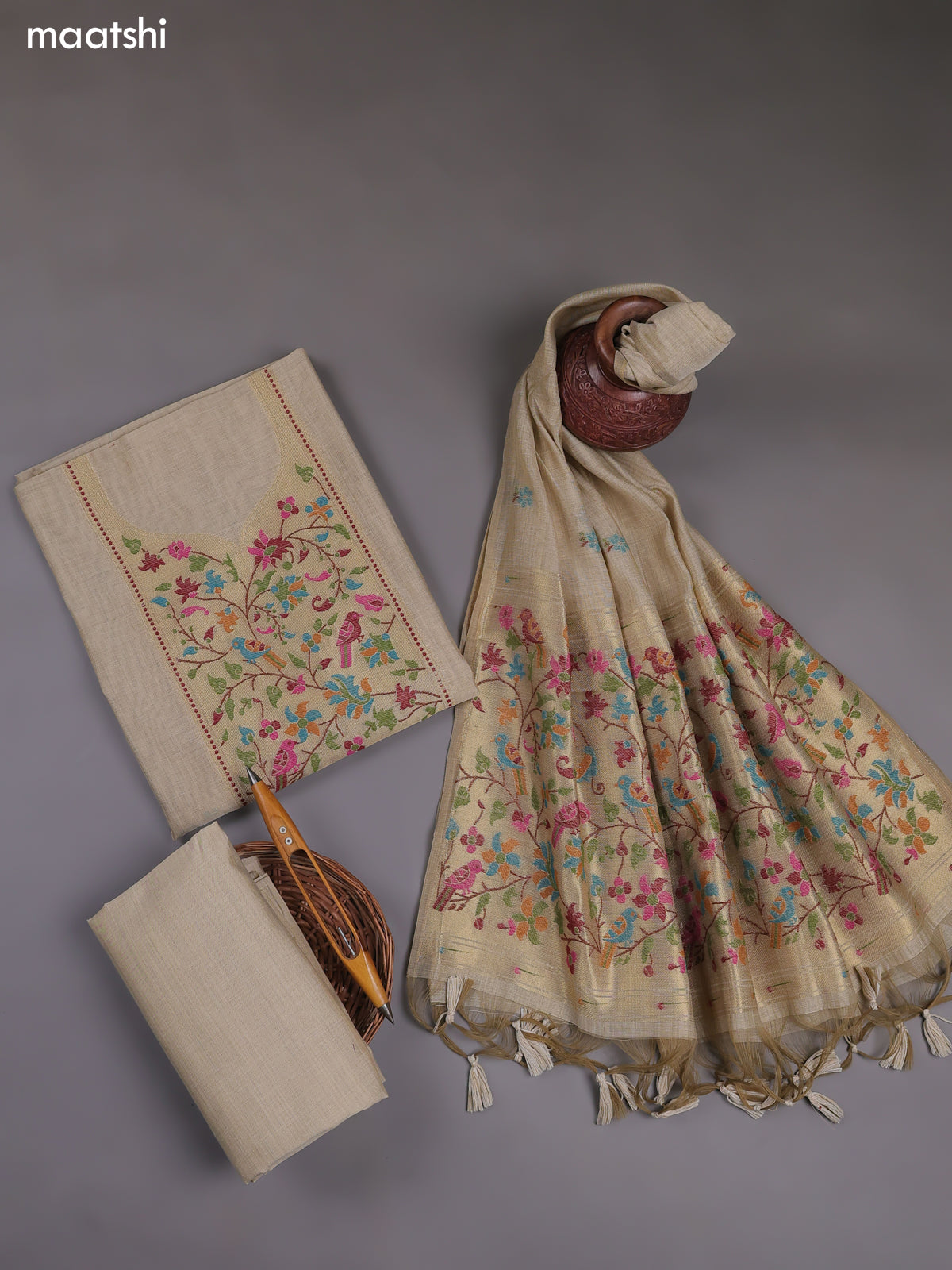 Beige Munga Cotton Dress Material With Paithani Style Pattern