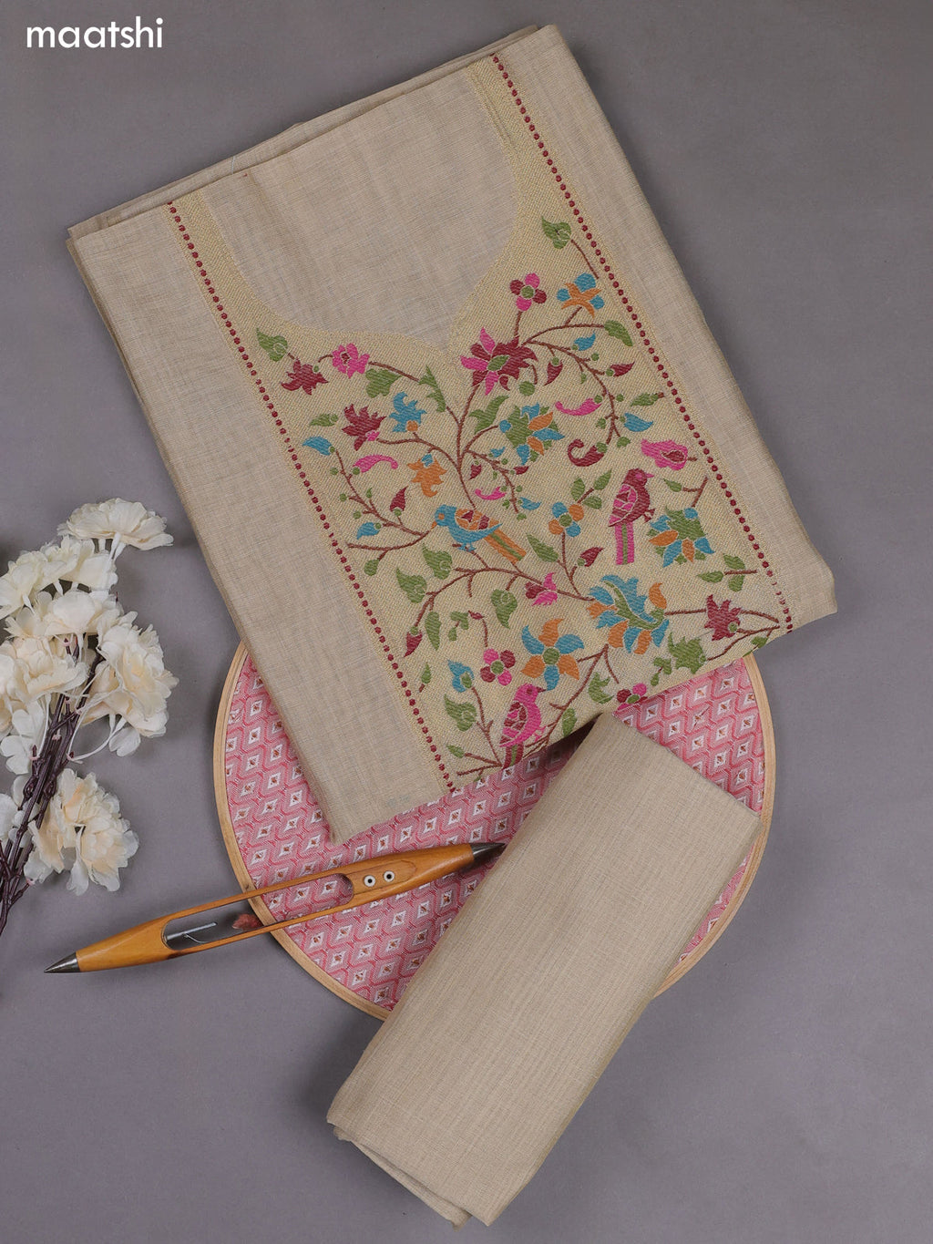Beige Munga Cotton Dress Material With Paithani Style Pattern