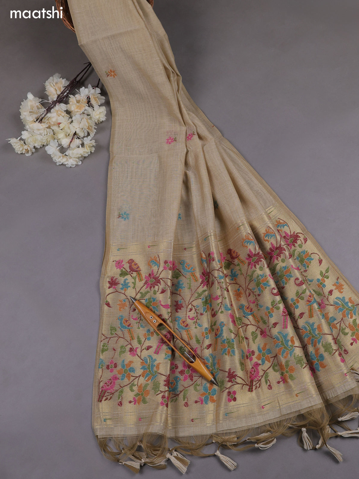 Beige Munga Cotton Dress Material With Paithani Style Pattern