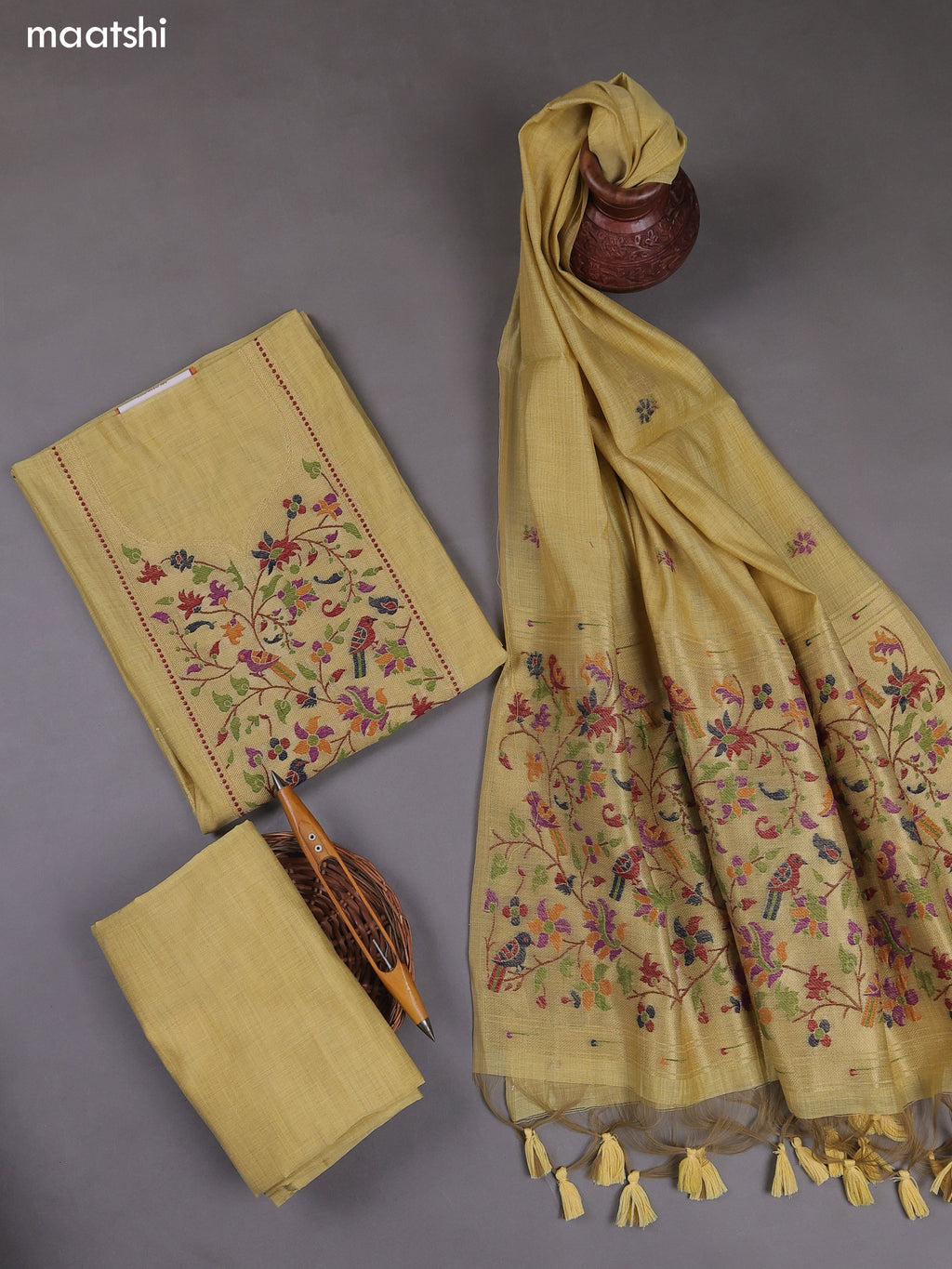 Sandal Munga Cotton Dress Material With Paithani Style Pattern