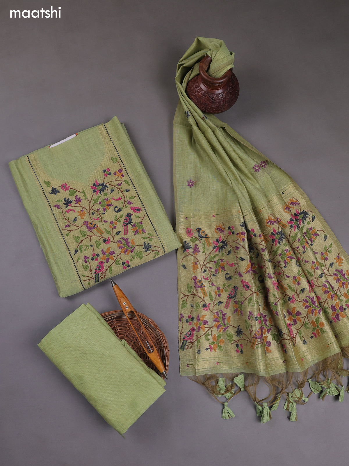 Pastel Green Munga Cotton Dress Material With Paithani Style Pattern