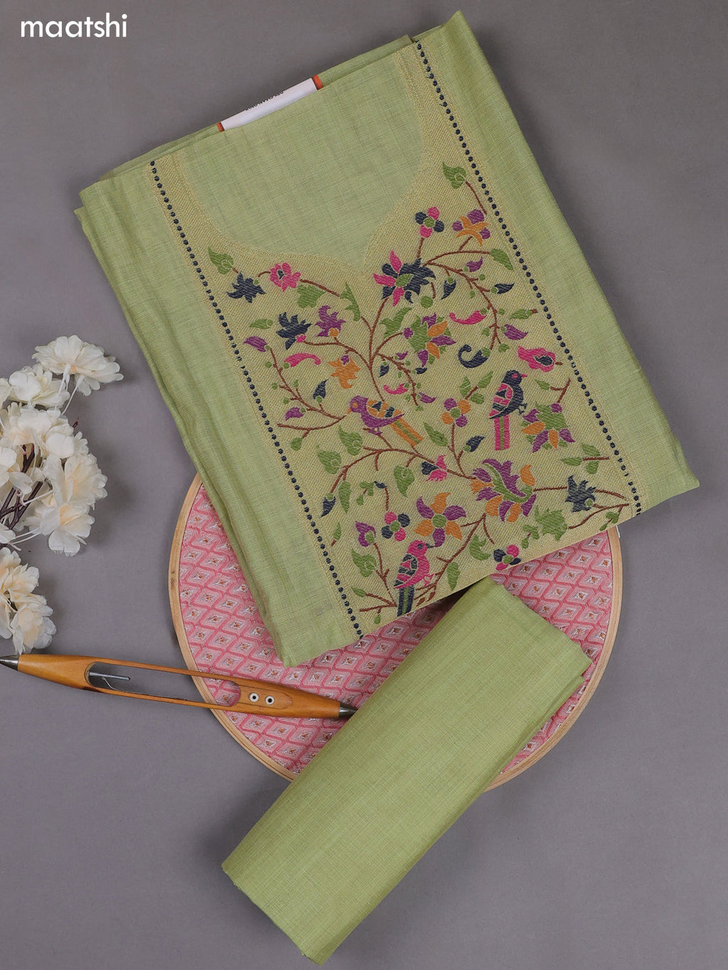 Pastel Green Munga Cotton Dress Material With Paithani Style Pattern