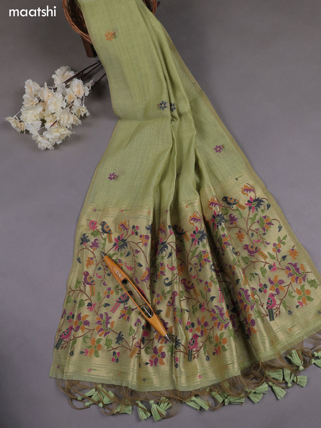 Pastel Green Munga Cotton Dress Material With Paithani Style Pattern