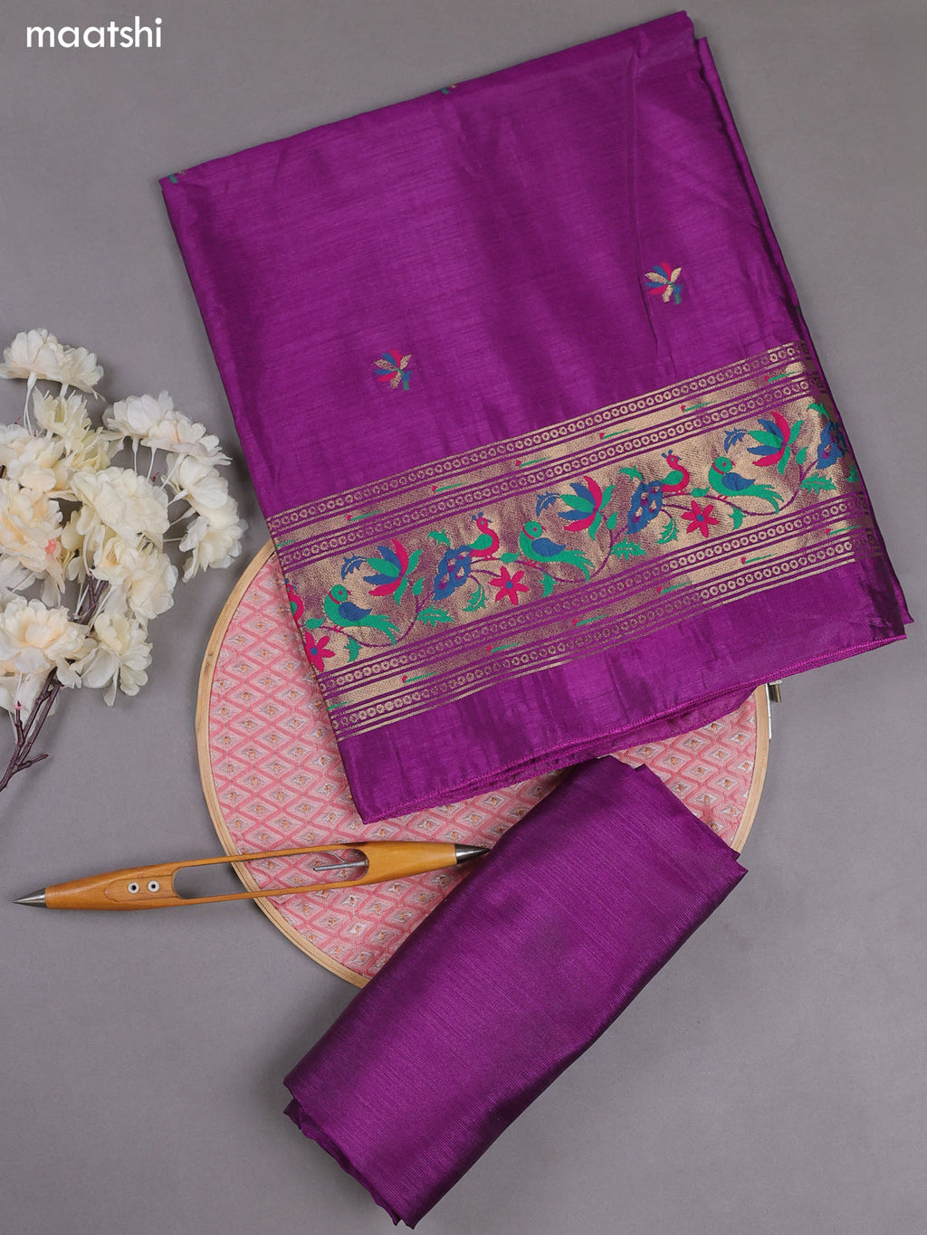 Purple Munga Cotton Dress Material With Paithani Style Pattern