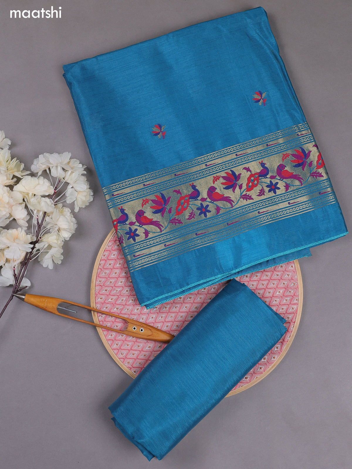 Teal Blue Munga Cotton Dress Material With Paithani Style Pattern