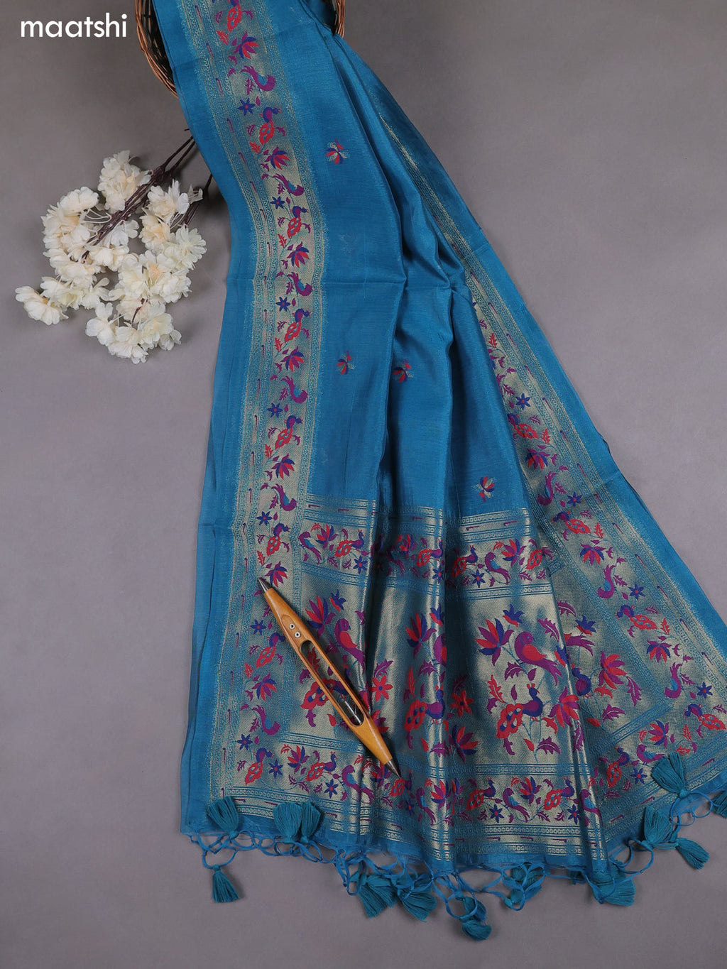 Teal Blue Munga Cotton Dress Material With Paithani Style Pattern