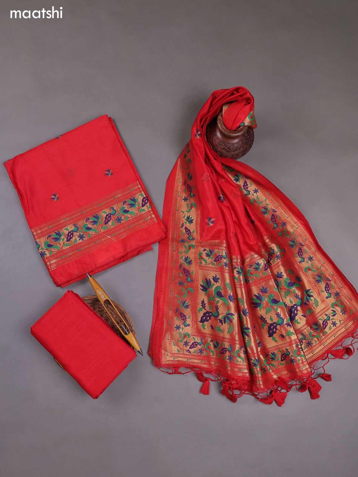 Red Munga Cotton Dress Material With Paithani Style Pattern
