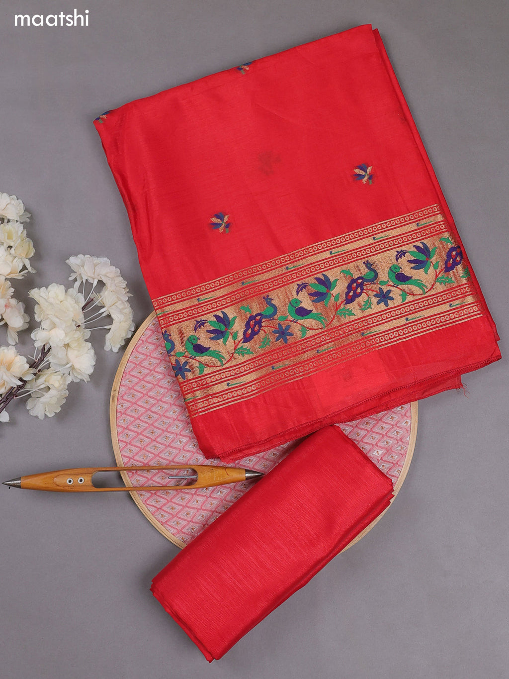 Red Munga Cotton Dress Material With Paithani Style Pattern