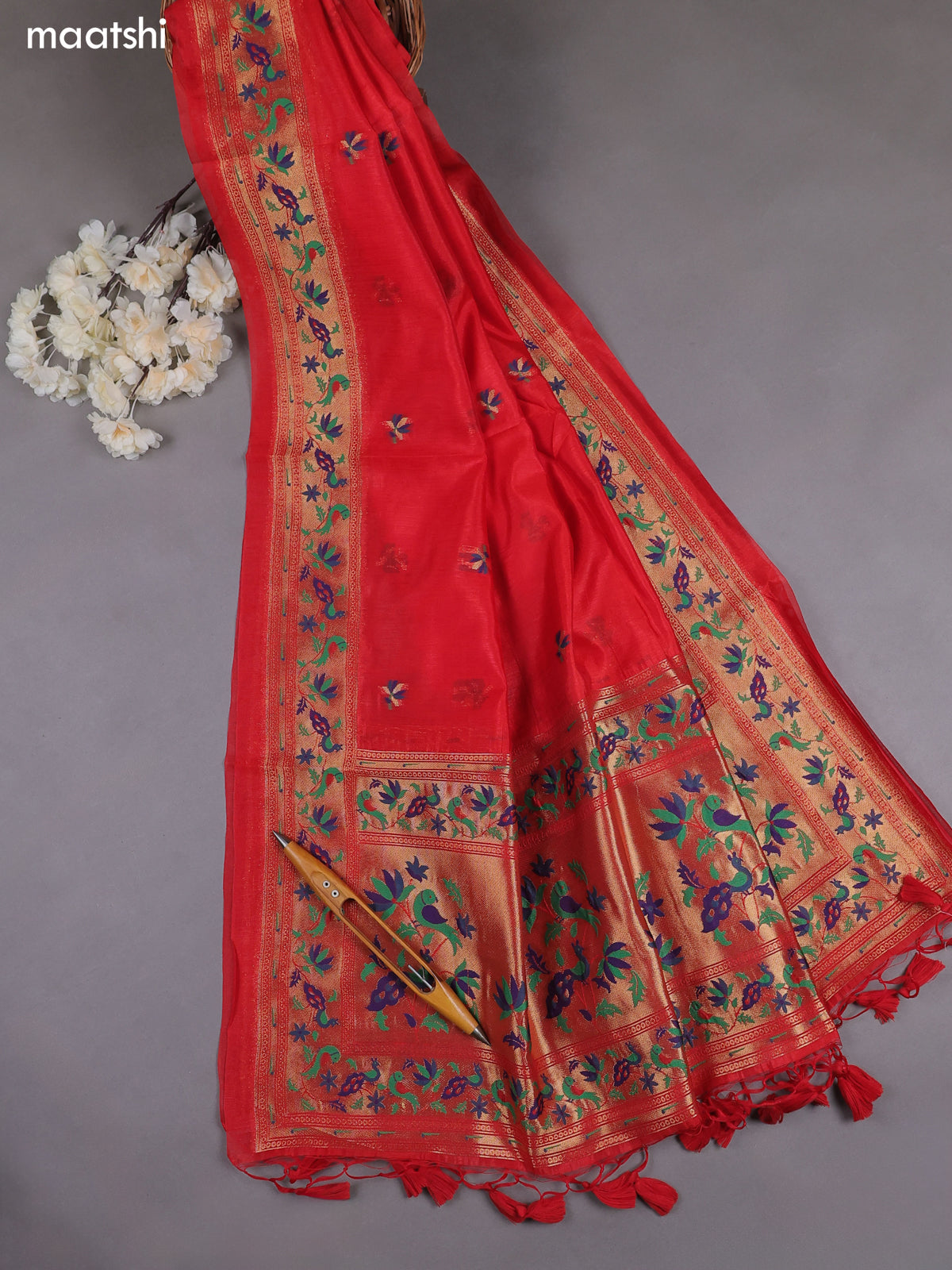 Red Munga Cotton Dress Material With Paithani Style Pattern