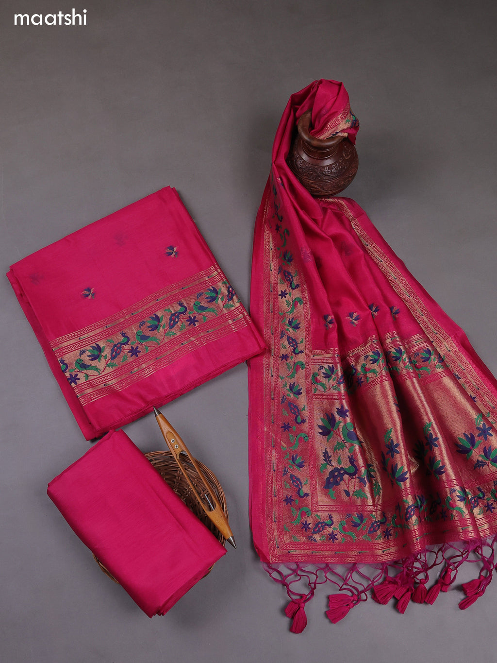 Pink Munga Cotton Dress Material With Paithani Style Pattern