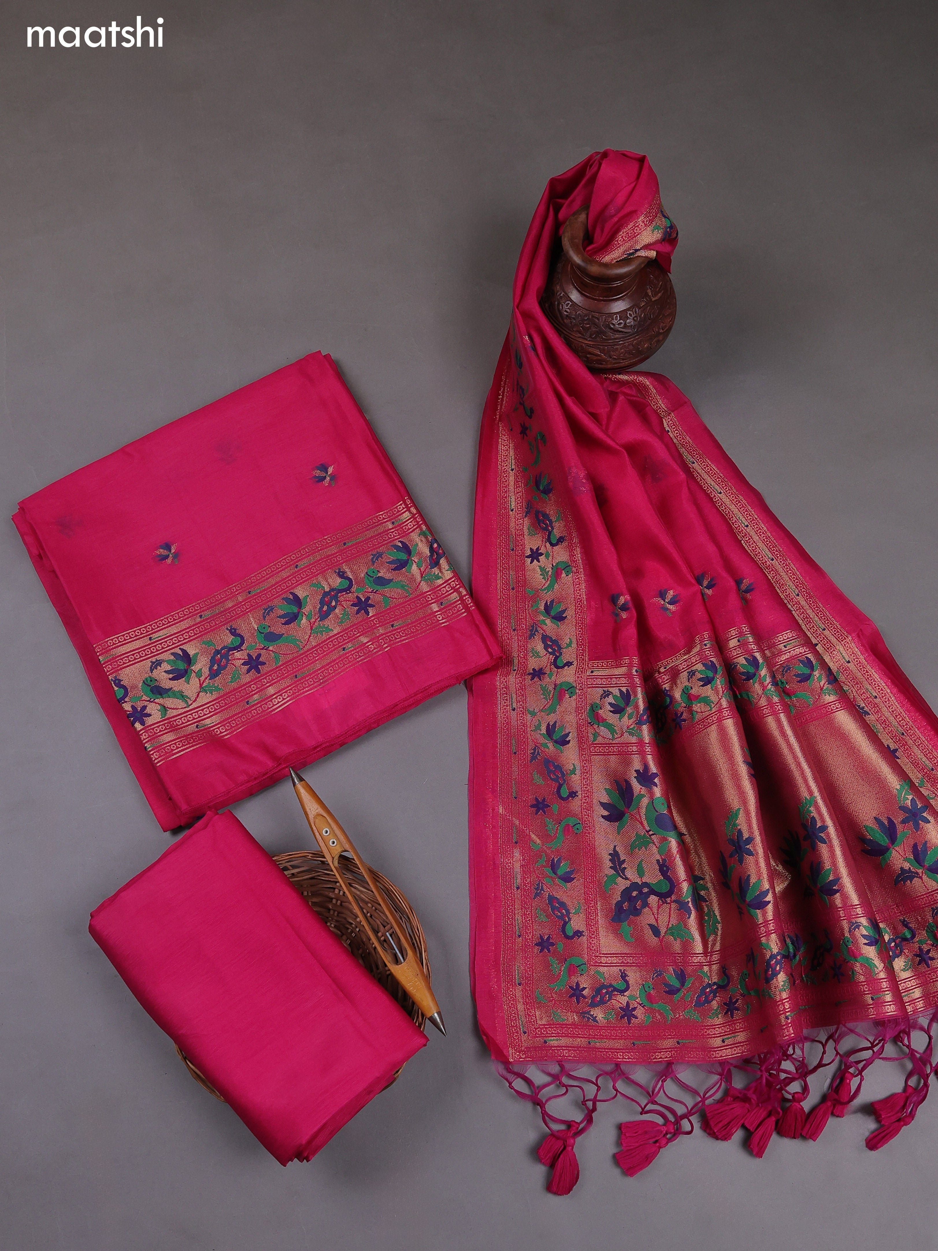 Pink Munga Cotton Dress Material With Paithani Style Pattern