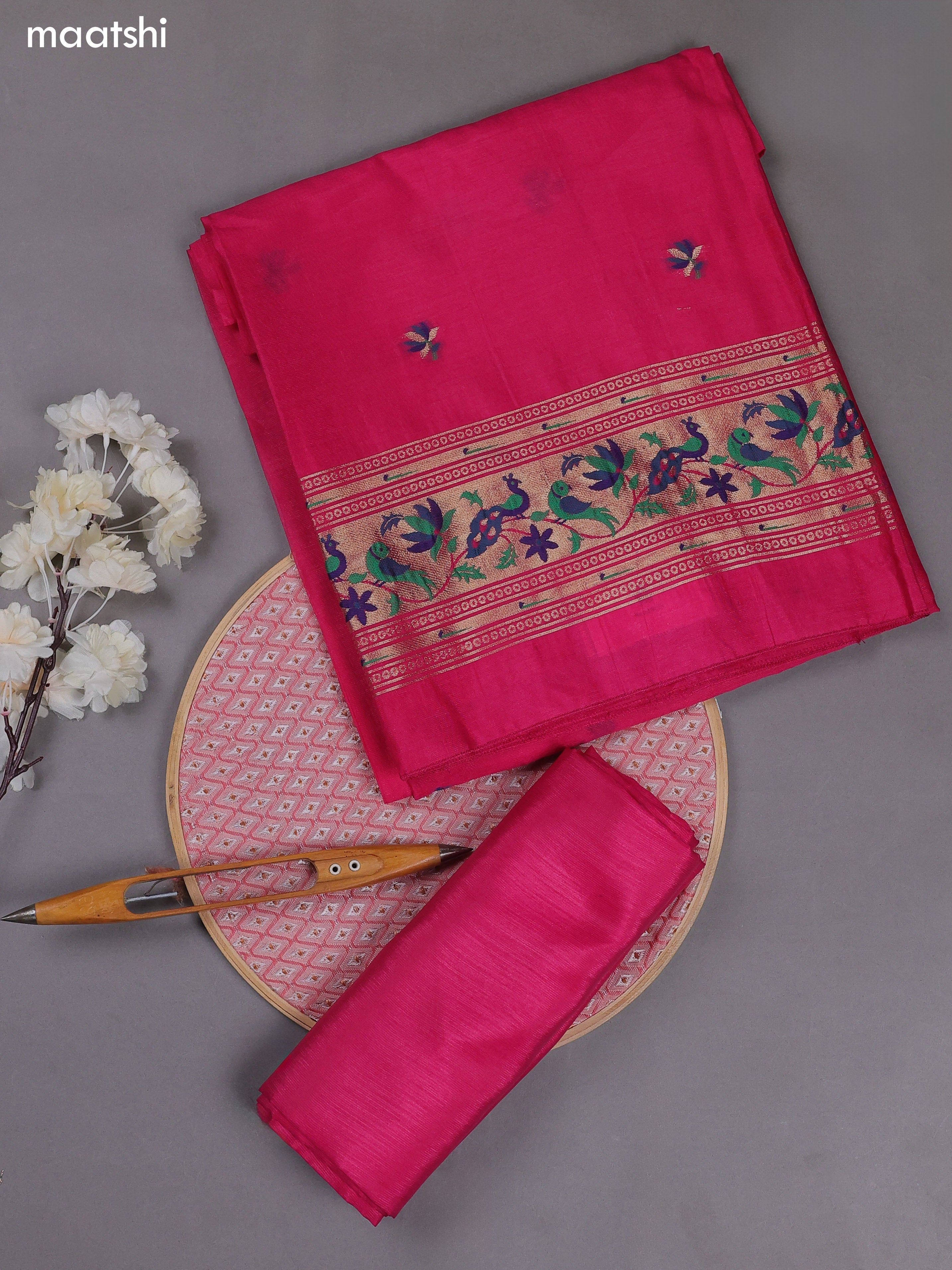 Pink Munga Cotton Dress Material With Paithani Style Pattern