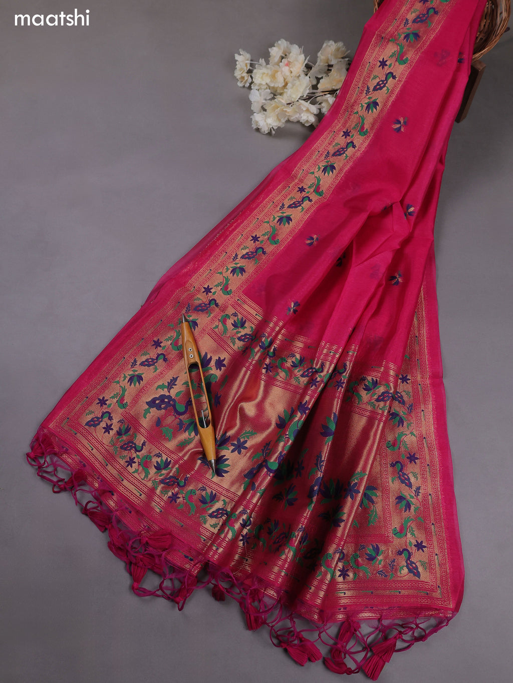 Pink Munga Cotton Dress Material With Paithani Style Pattern