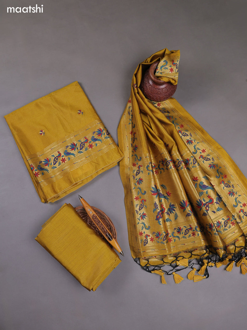 Mustard Yellow Munga Cotton Dress Material With Paithani Style Pattern