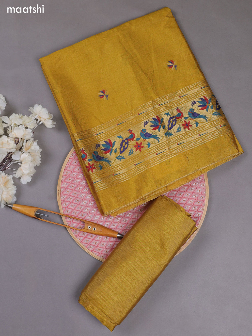 Mustard Yellow Munga Cotton Dress Material With Paithani Style Pattern