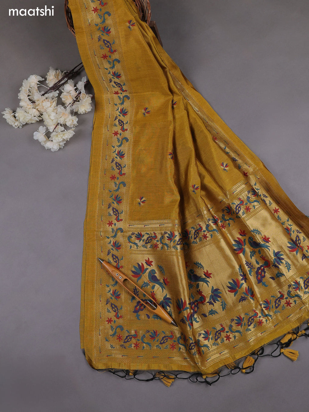 Mustard Yellow Munga Cotton Dress Material With Paithani Style Pattern