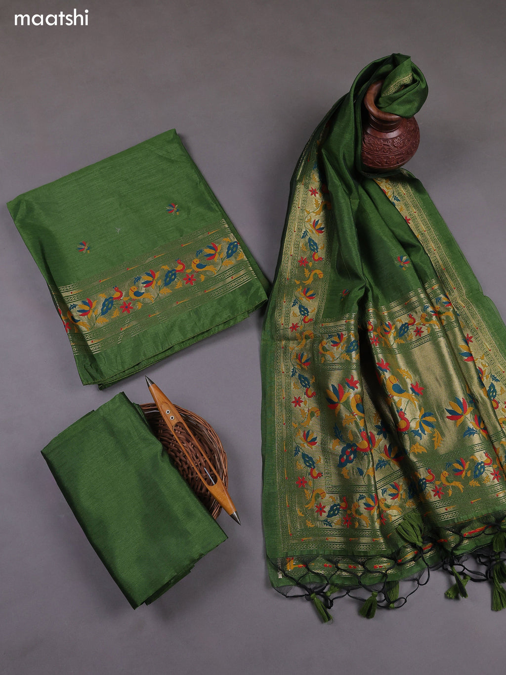 Green Munga Cotton Dress Material With Paithani Style Pattern