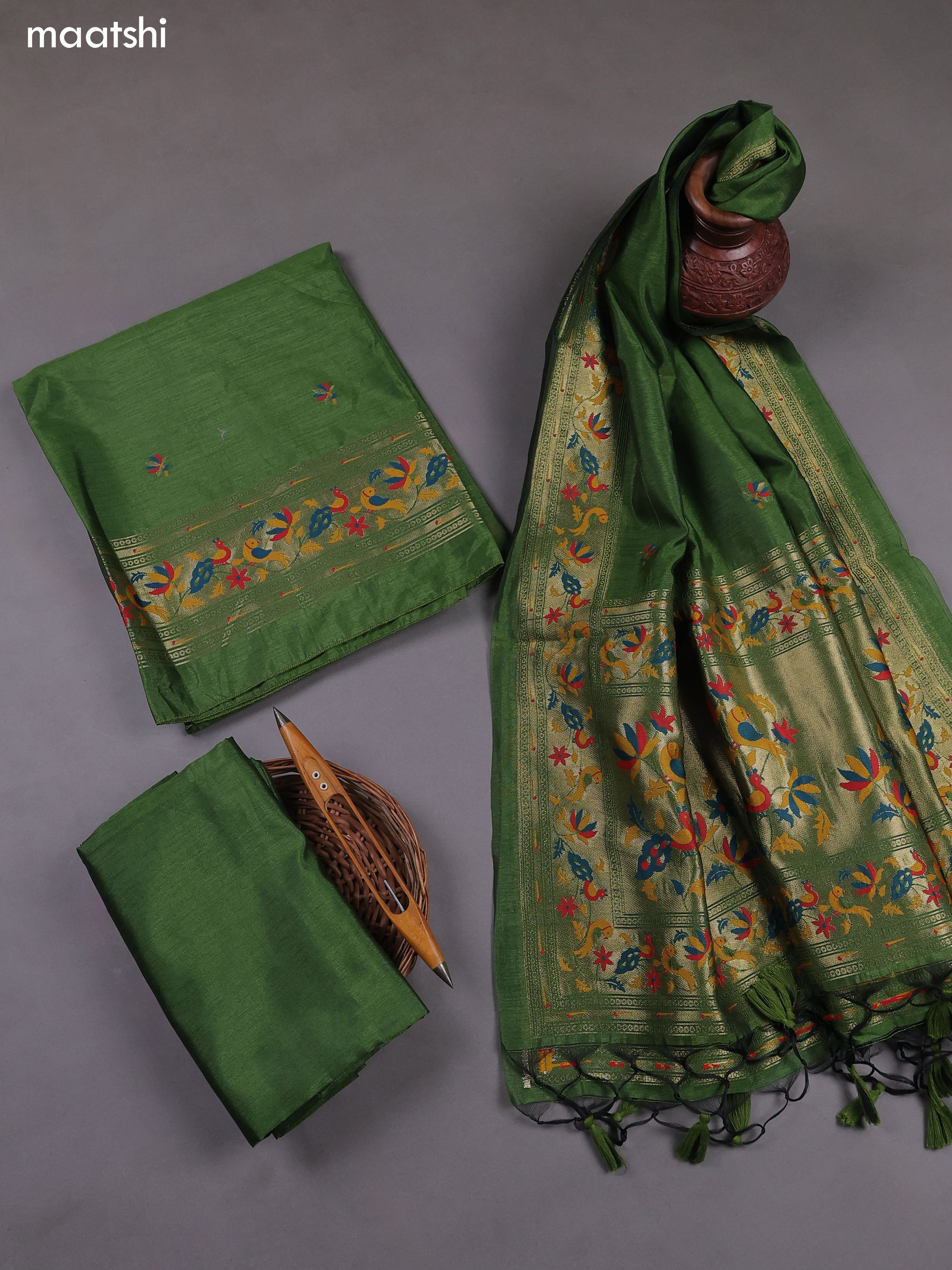 Green Munga Cotton Dress Material With Paithani Style Pattern