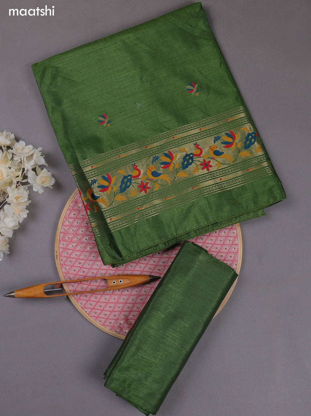 Green Munga Cotton Dress Material With Paithani Style Pattern