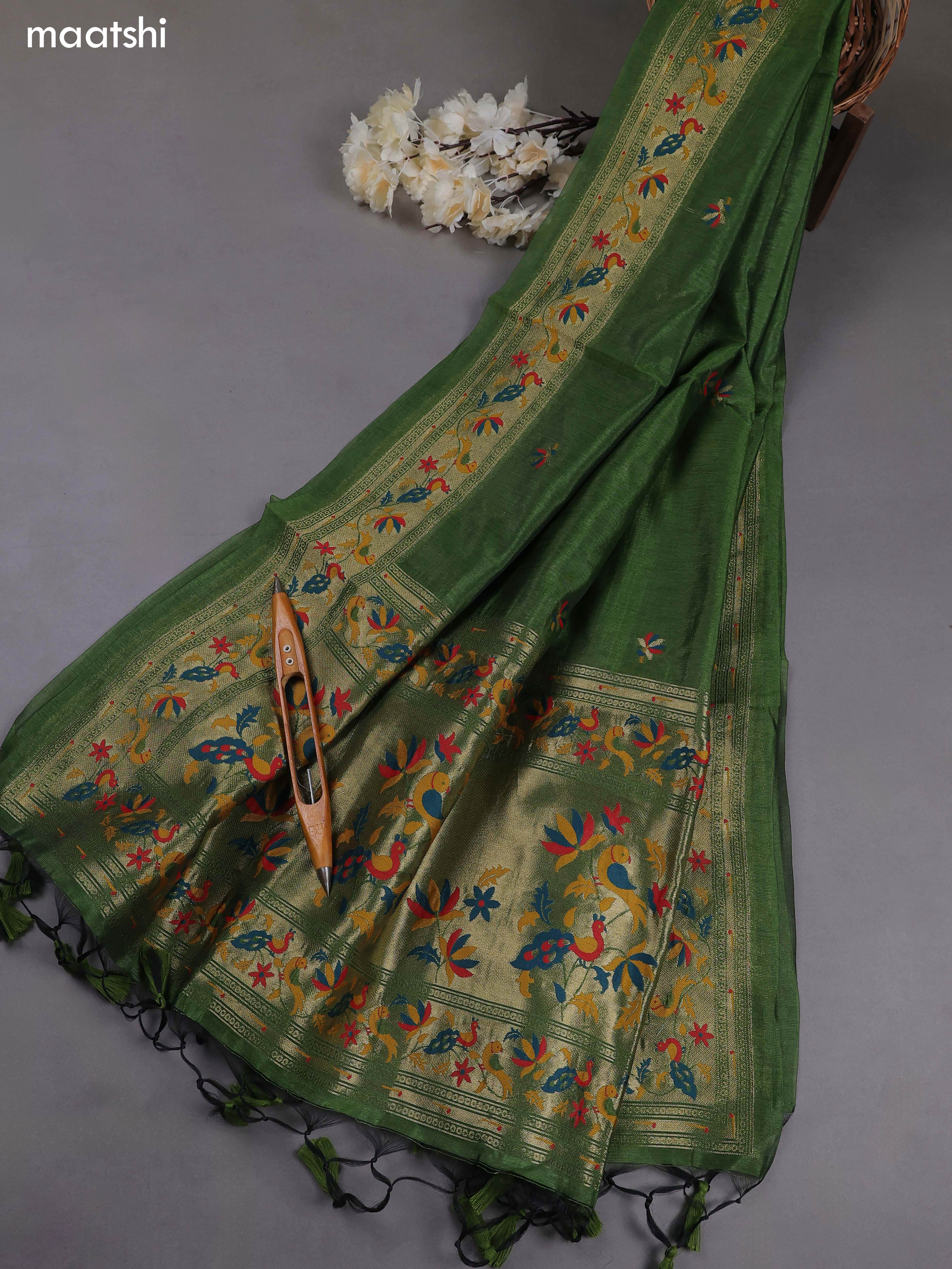 Green Munga Cotton Dress Material With Paithani Style Pattern