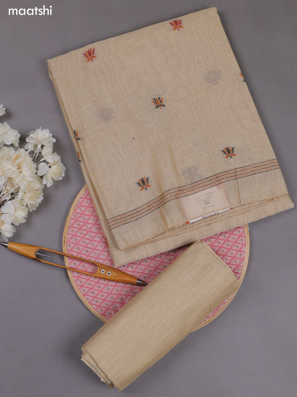 Beige Munga Cotton Dress Material With Thread & Zari Woven Floral Pattern