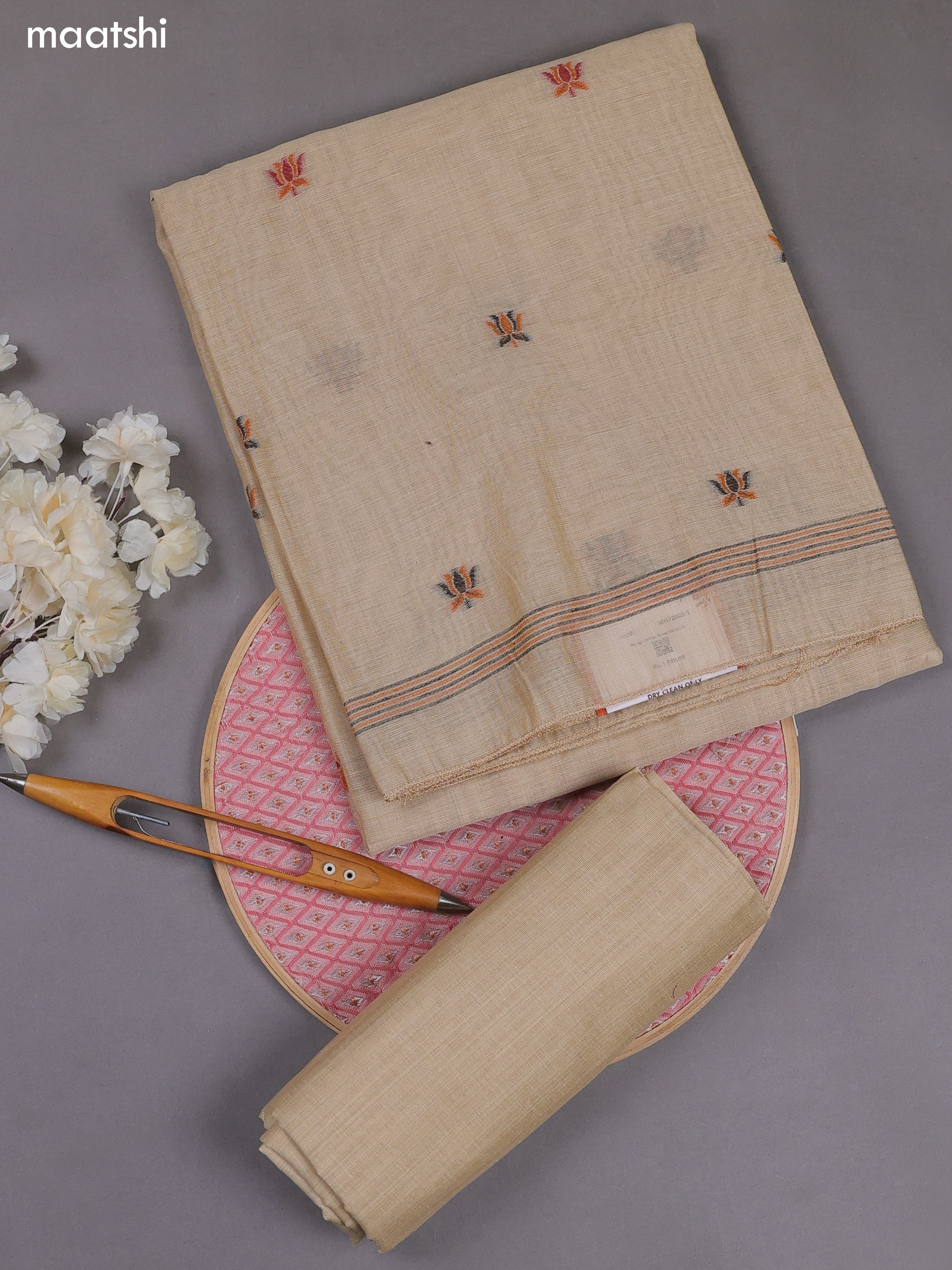 Beige Munga Cotton Dress Material With Thread & Zari Woven Floral Pattern