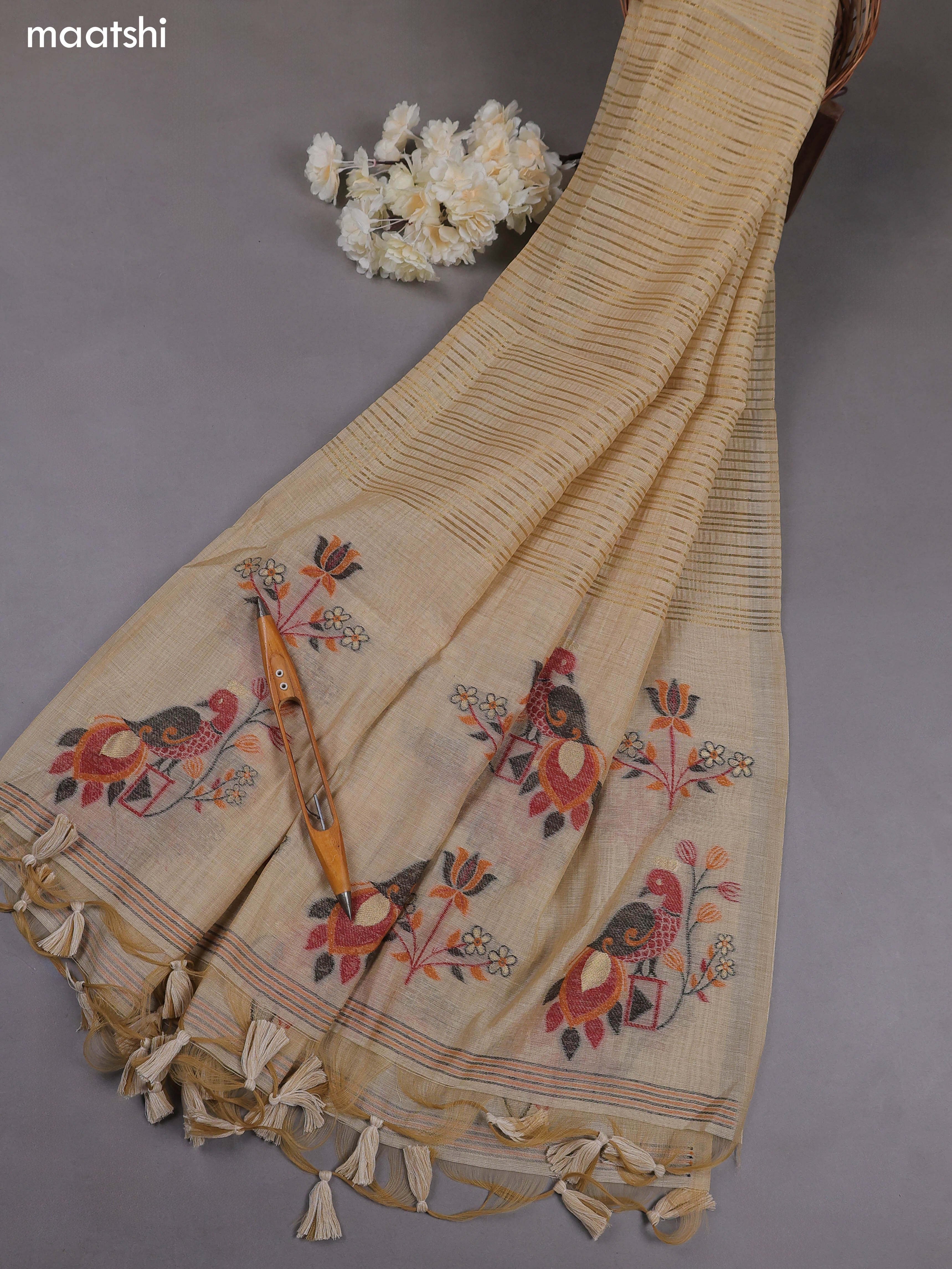 Beige Munga Cotton Dress Material With Thread & Zari Woven Floral Pattern
